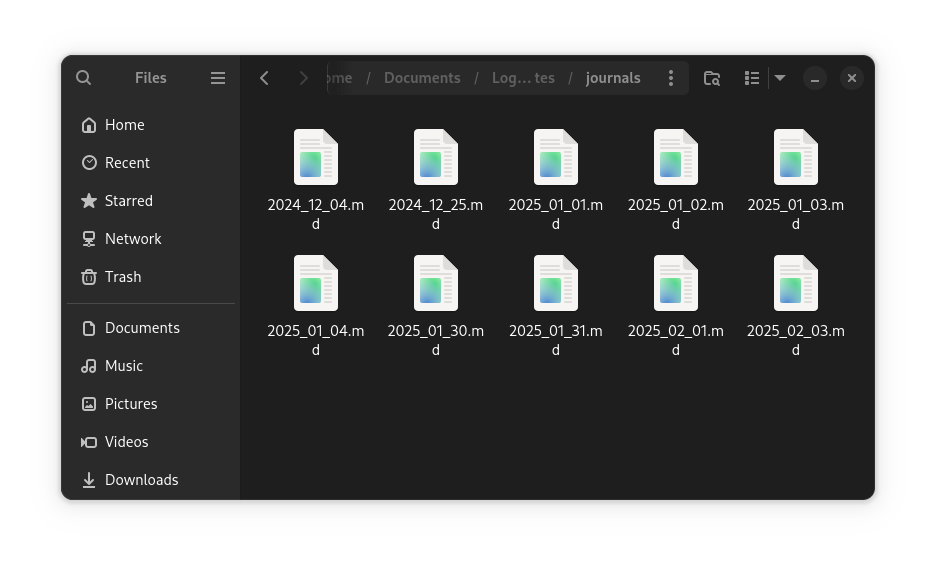 Journals created for all the dates are stored as separate Markdown file in the "journals" directory of the Logseq data directory.