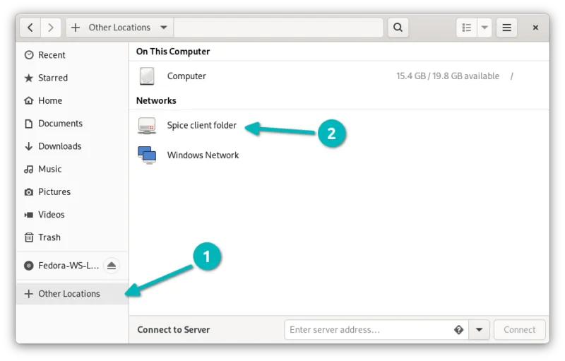 Click on Other Locations and then select Spice Client folder from the Networks section.