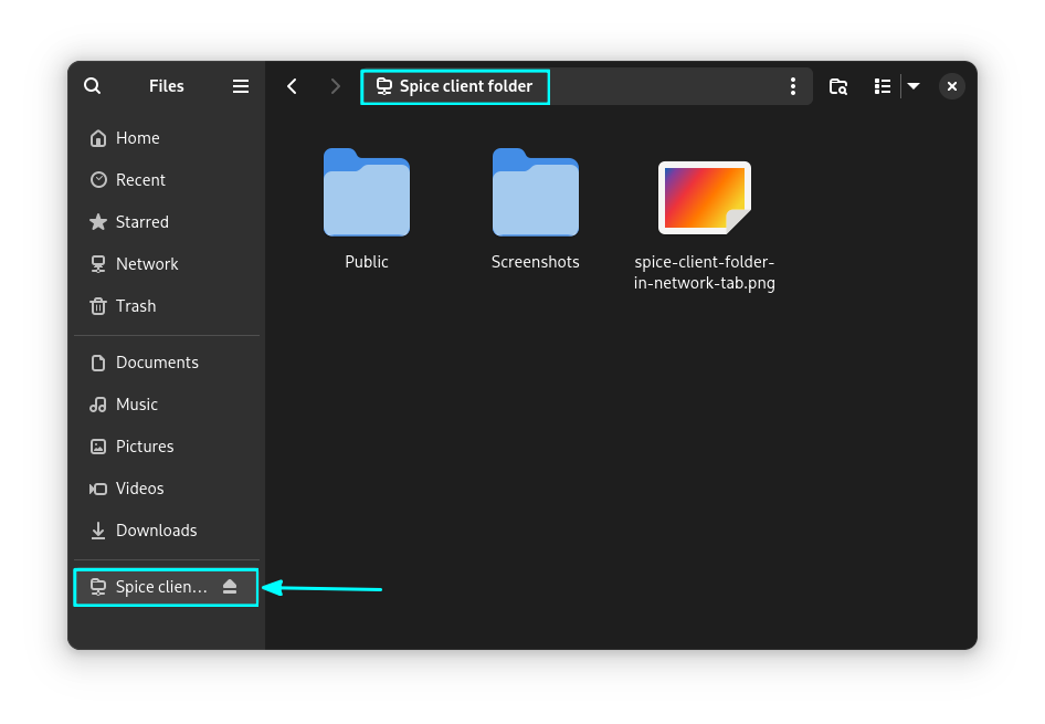 Spice client folder is mounted. A view from Nautilus file manager.