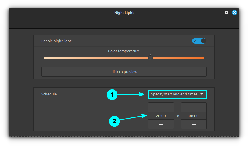 Set custom start and end time for night light in Linux Mint.