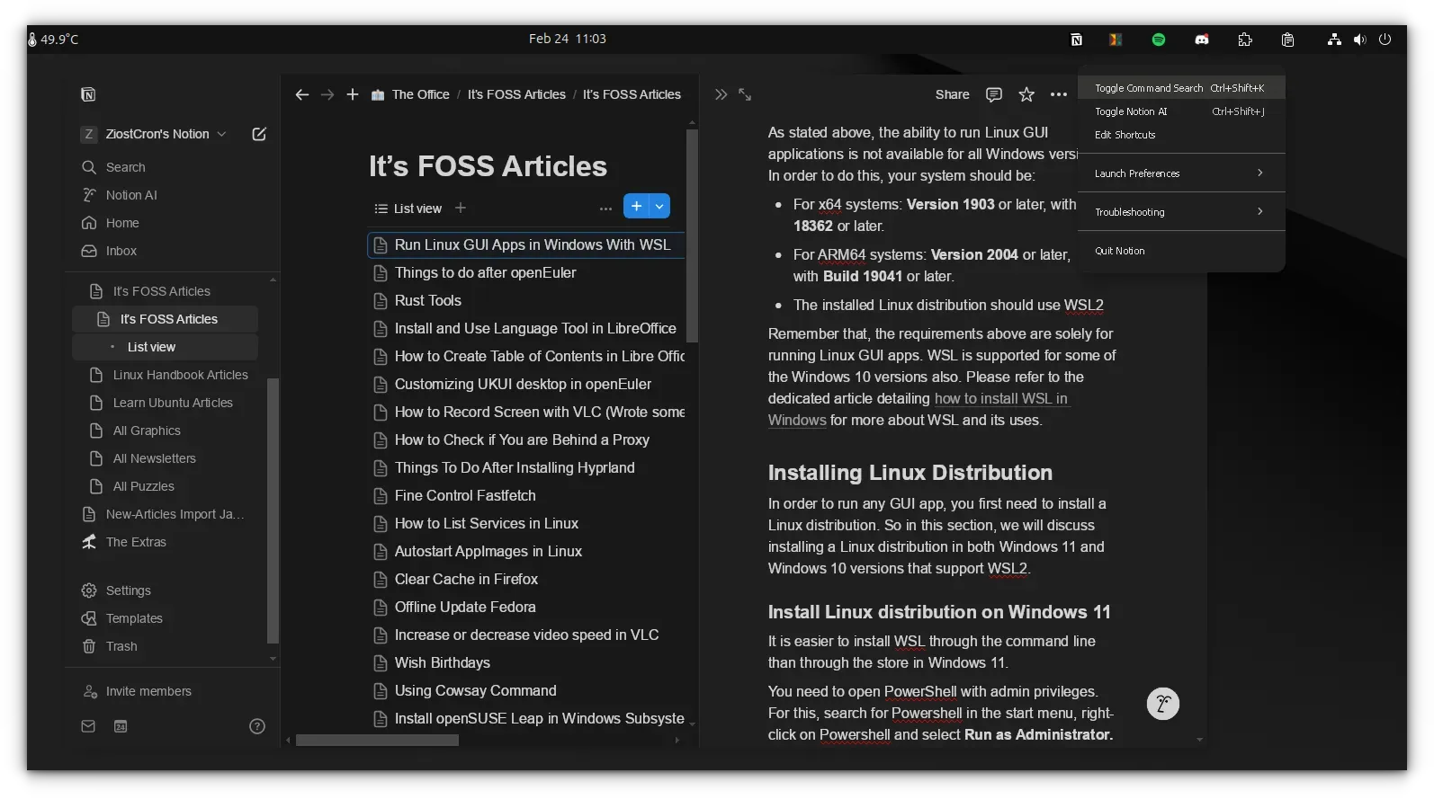 Notion working inside Linux. You can also use the panel button