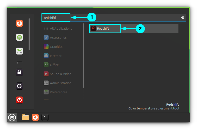 Open Redshift from Cinnamon Menu.