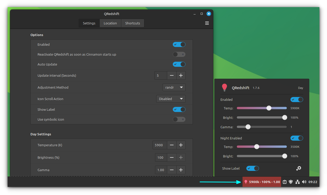 QRedshift applet in panel along with a custom set location. You can use the slider to adjust the color temperature