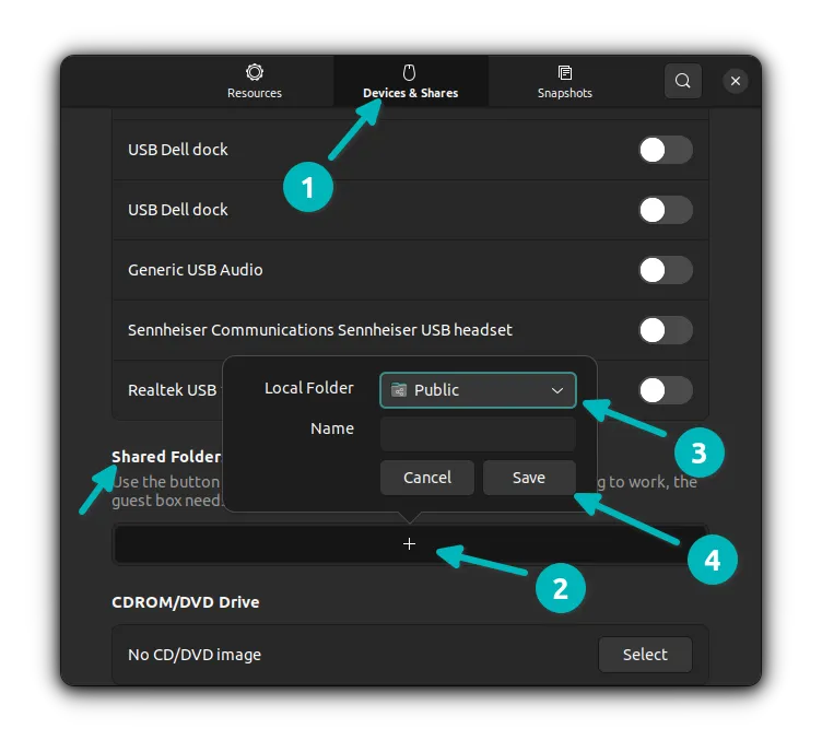 Sharing host OS’s Public folder in GNOME Boxes. In view is the "Devices and Shares" section of Boxes VM preferences.