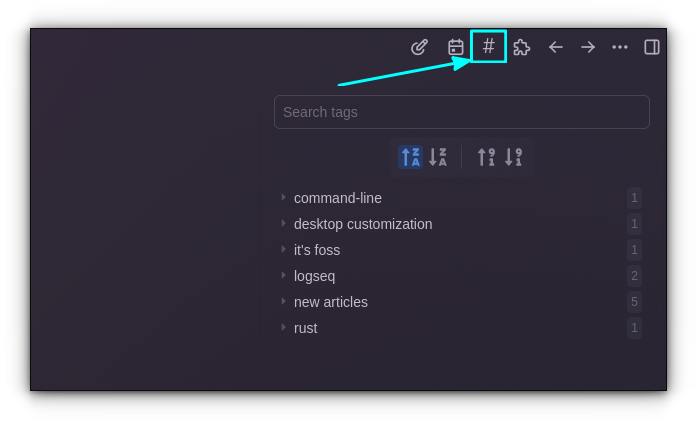 Tags plugin listing all the tags in Logseq data collection on the top bar button