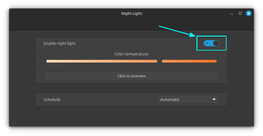 Toggle the night-light button on to enable Night Light Mode on Linux Mint