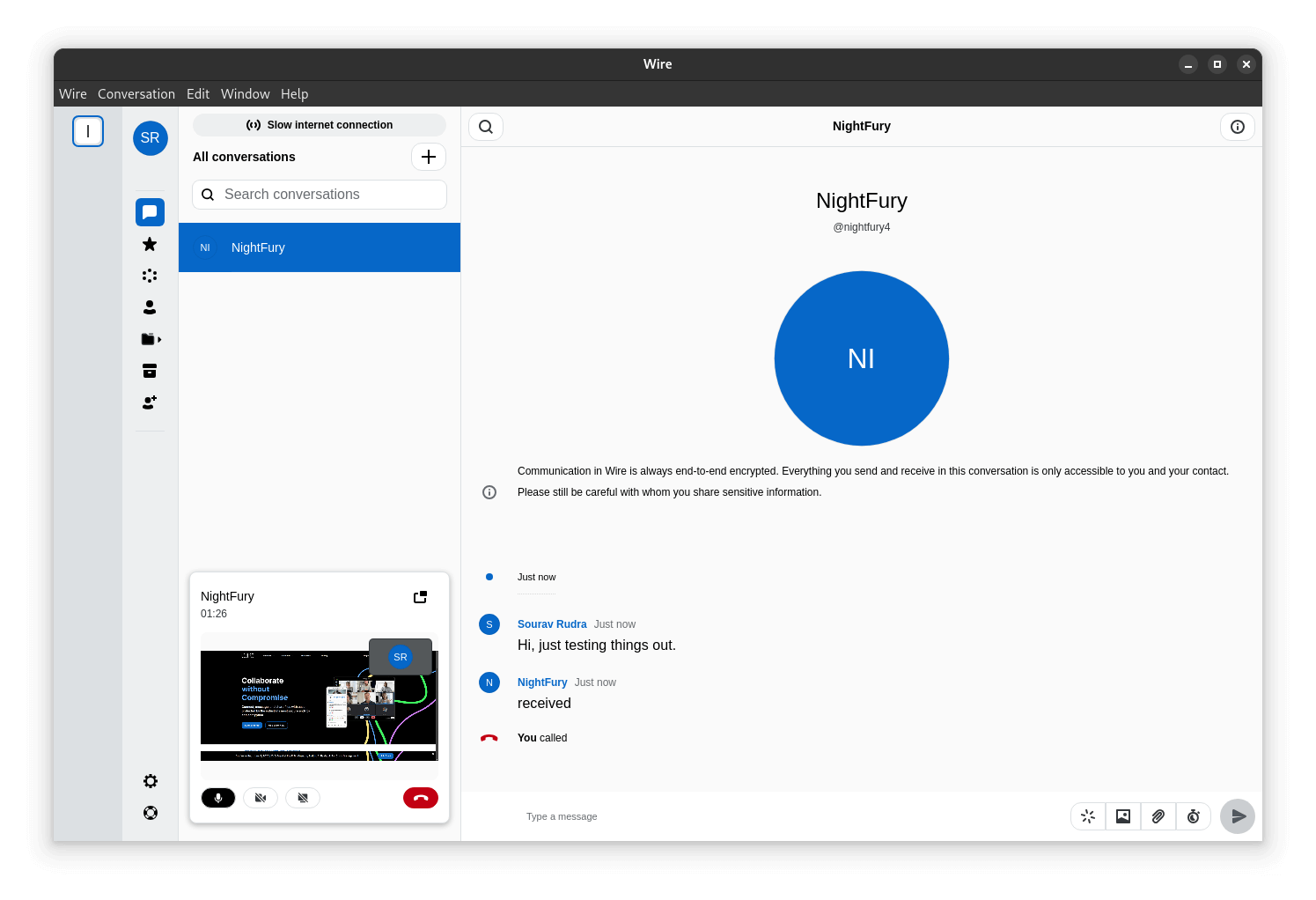 a screenshot of wire with a chat page open