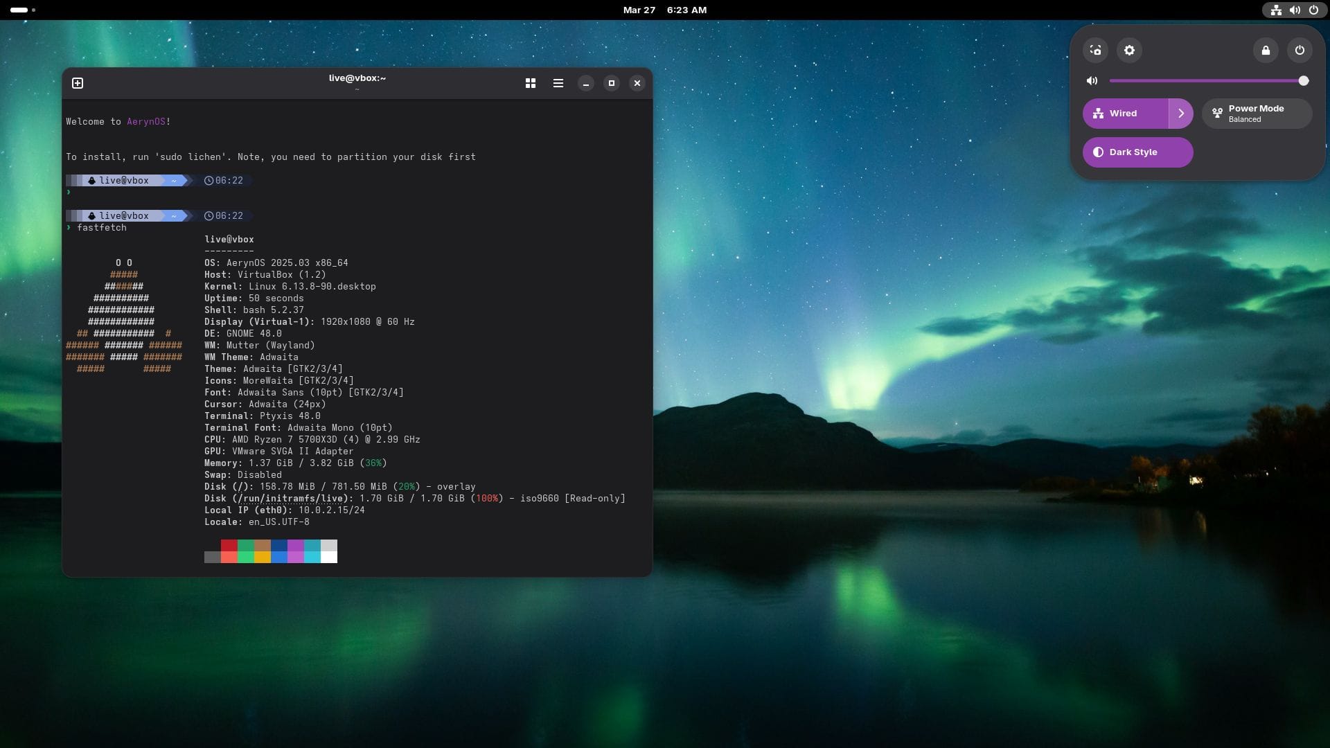 aerynos 2025.03 running on a virtual machine, showing the fastfetch output and the quick settings panel being open