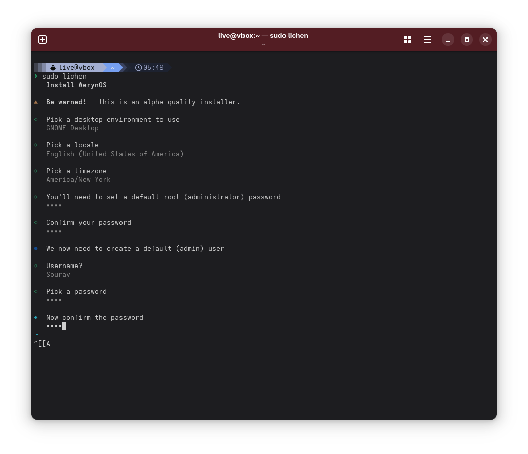 aerynos 2025.03's lichen installer running in a terminal