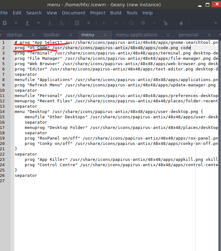 antix icewm menu configuration using geany