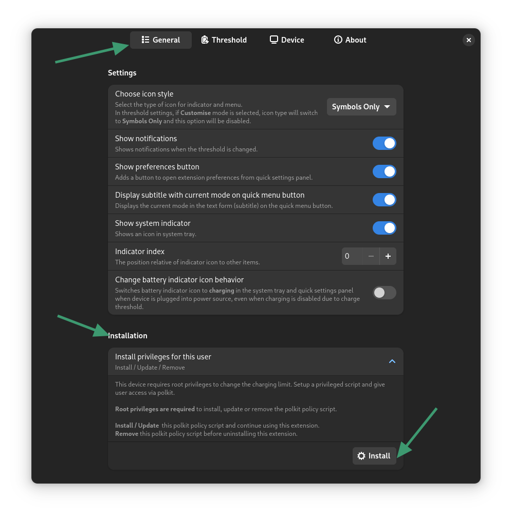 Escalated privilge for battery charging threshold on Linux