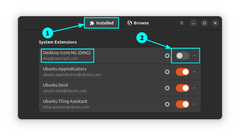 Disable the Desktop Icons Extension in Ubuntu using the GNOME Shell Extension Manager application