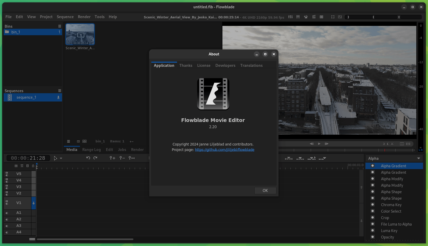a screenshot of flowblade 2.20 with a video and the about dialog open