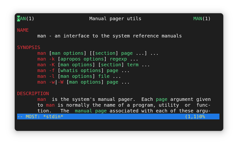 The man command output using Most pager. Colors will be applied to important parts of the man pages.
