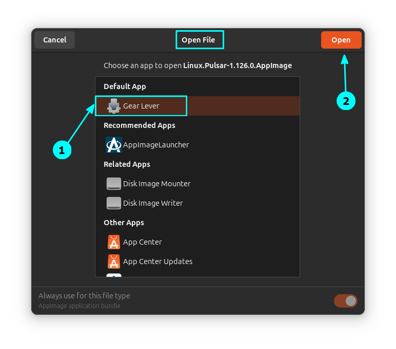 Open an AppImage file with Gear Lever App. Also enable the "Always use for this file type" toggle button.