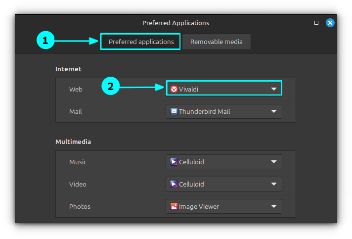 Default browser is changed to Vivaldi AppImage using the Preferred app settings in Linux Mint