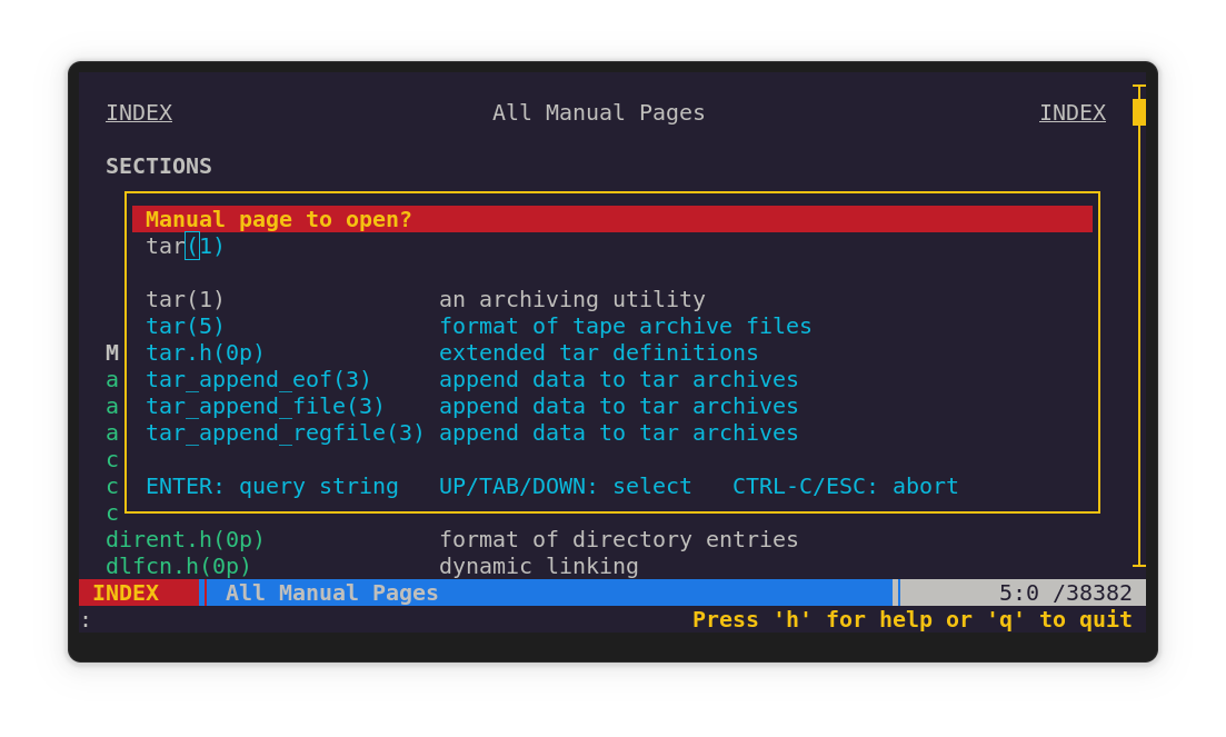 Qman command terminal interface. Use the keys mentioned on the interface to activate various functions. Like O to open a man page.