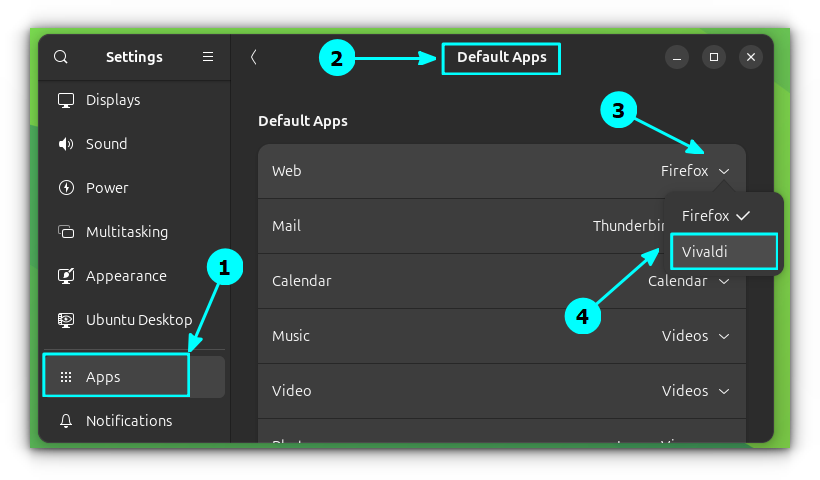 Set the default application using system settings in GNOME