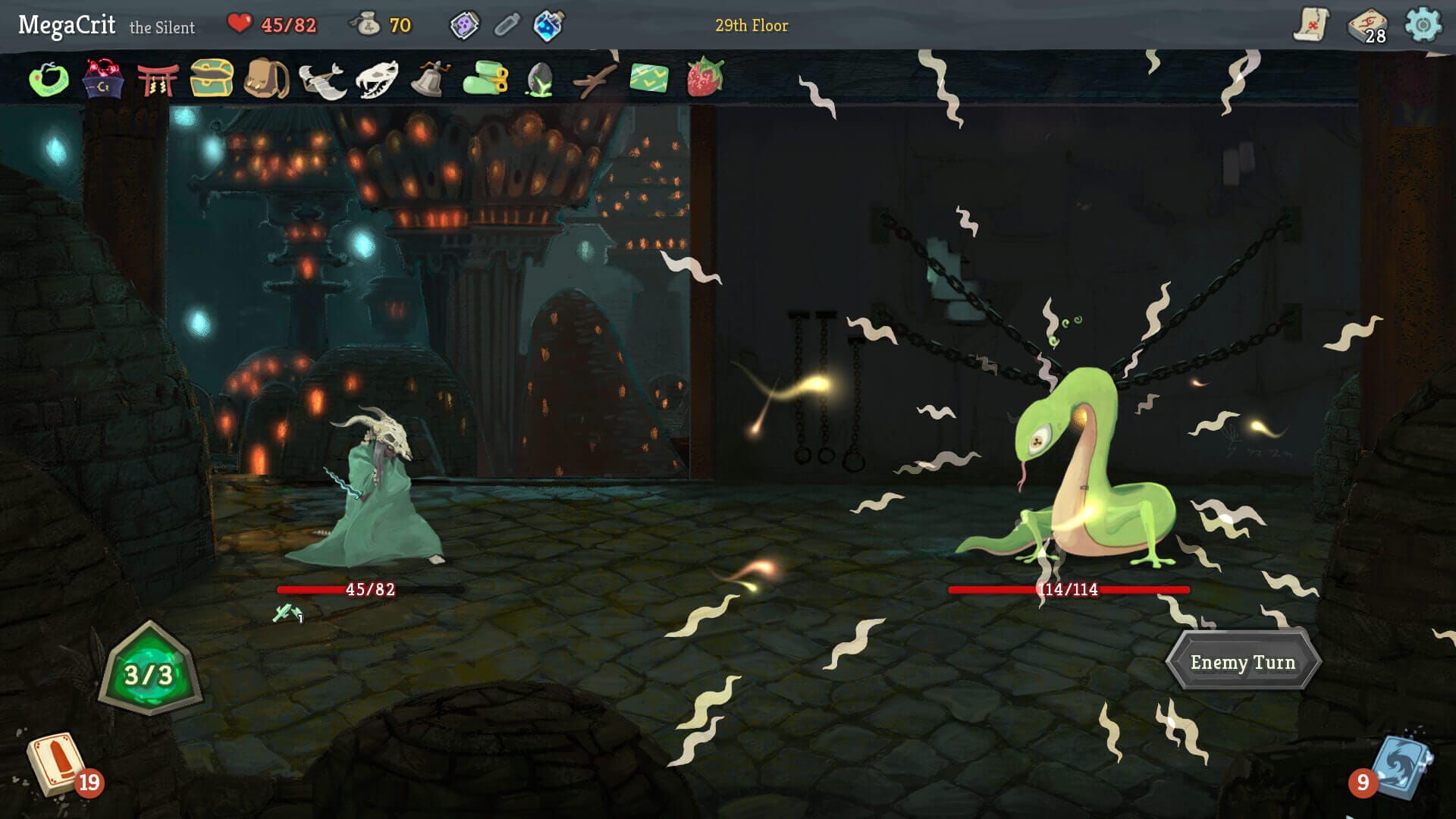 the player is in battle with a chained snake that is emanating some weird aura