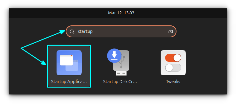 Search for "Startup" in Ubuntu Activities Overview and open the "Startup Applications" app