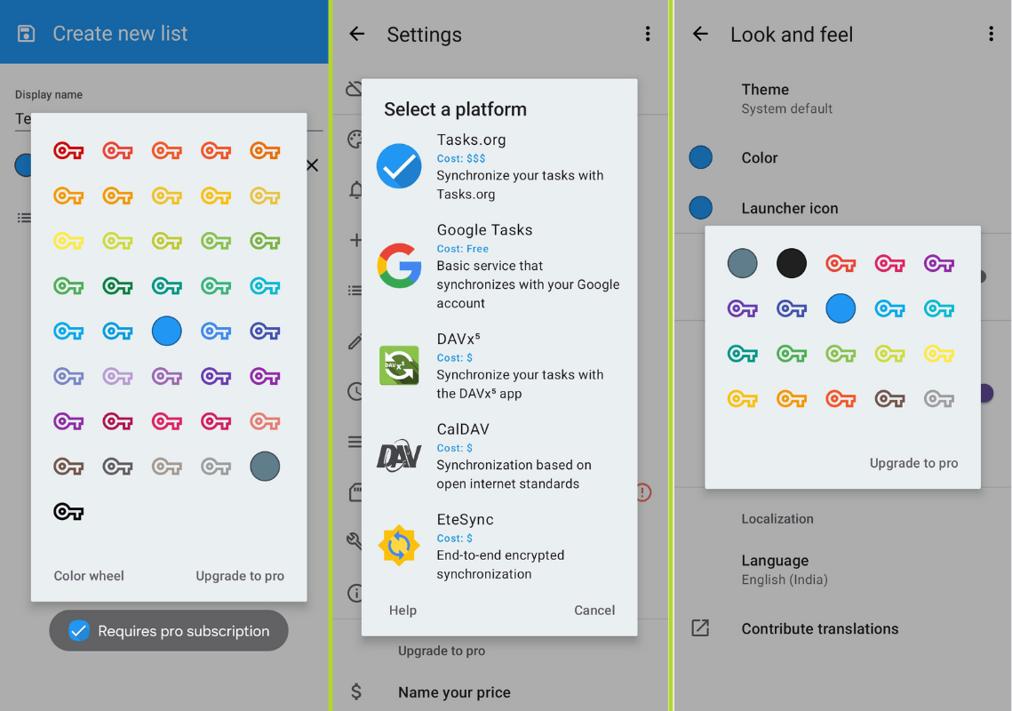 three screenshots of tasks.org arranged horizontally with those showing new task list creation, sycn settings, and appearance settings