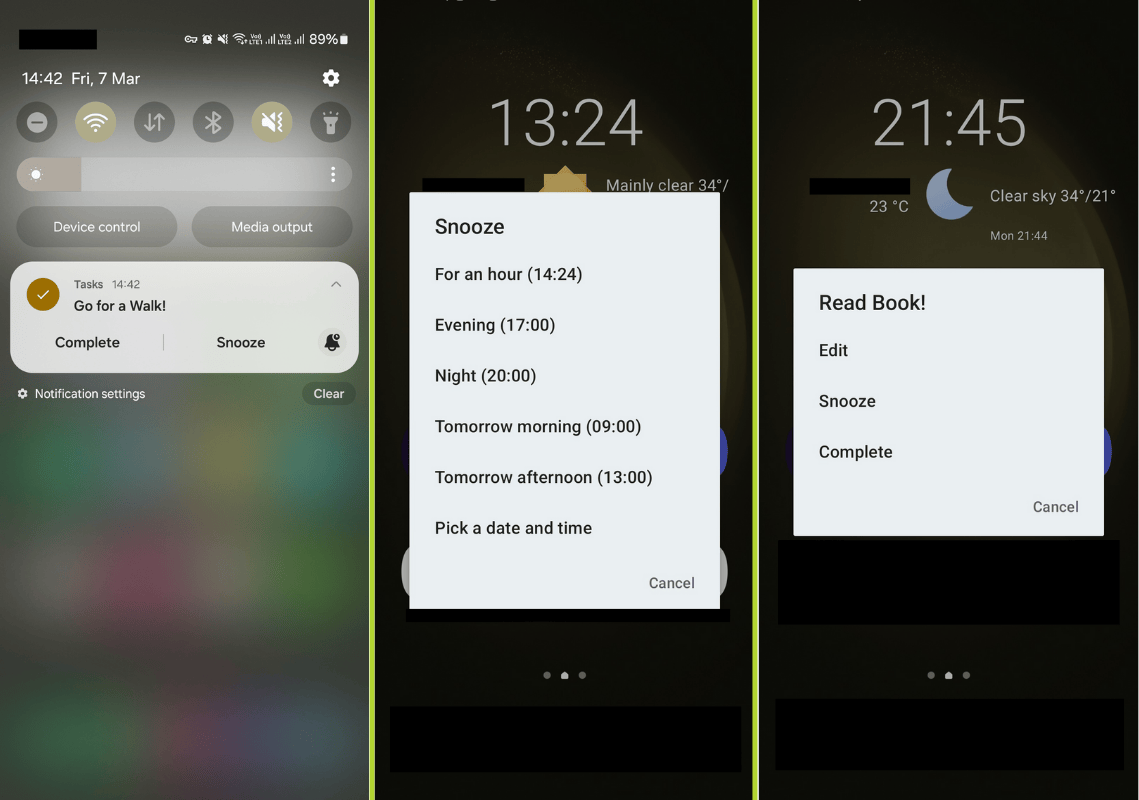 three screenshots of tasks.org arranged horizontally with those showing the options tasks.org shows when a task is due, with options like complete, snooze, and edit