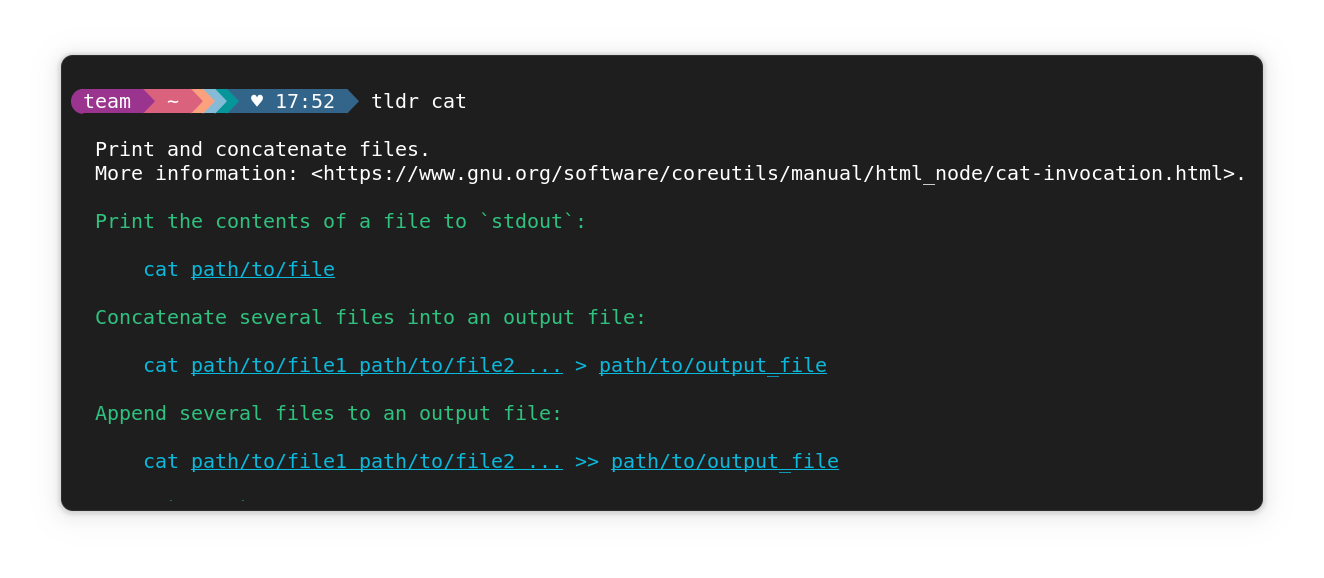 Tealdeer command working. Here, the tldr page of cat command is shown.