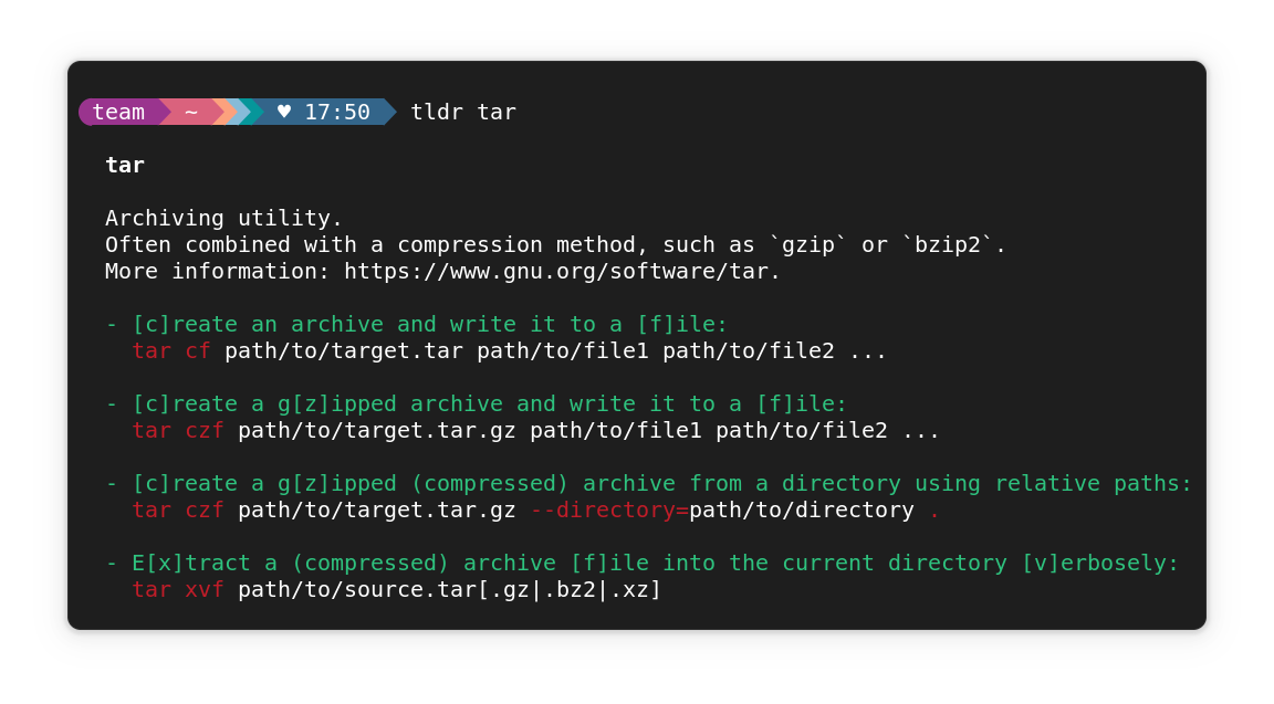TLDR command working. Here, a cheat sheet for the tar command is shown using the syntax "tldr tar".