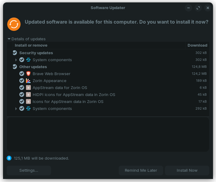 a screenshot of zorin os software updater app with many pending updates being shown