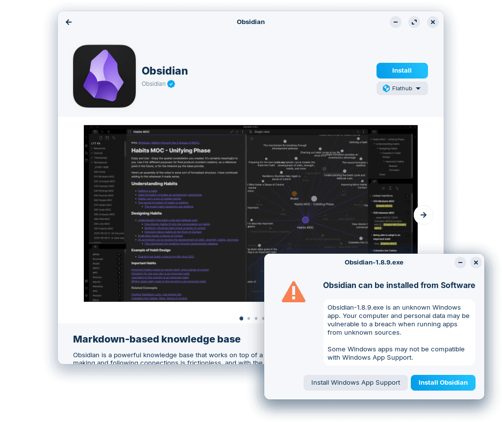 a screenshot of software store showing a dialog suggesting that there is a linux alternative to a windows app available, when a user tried to install it (obsidian)