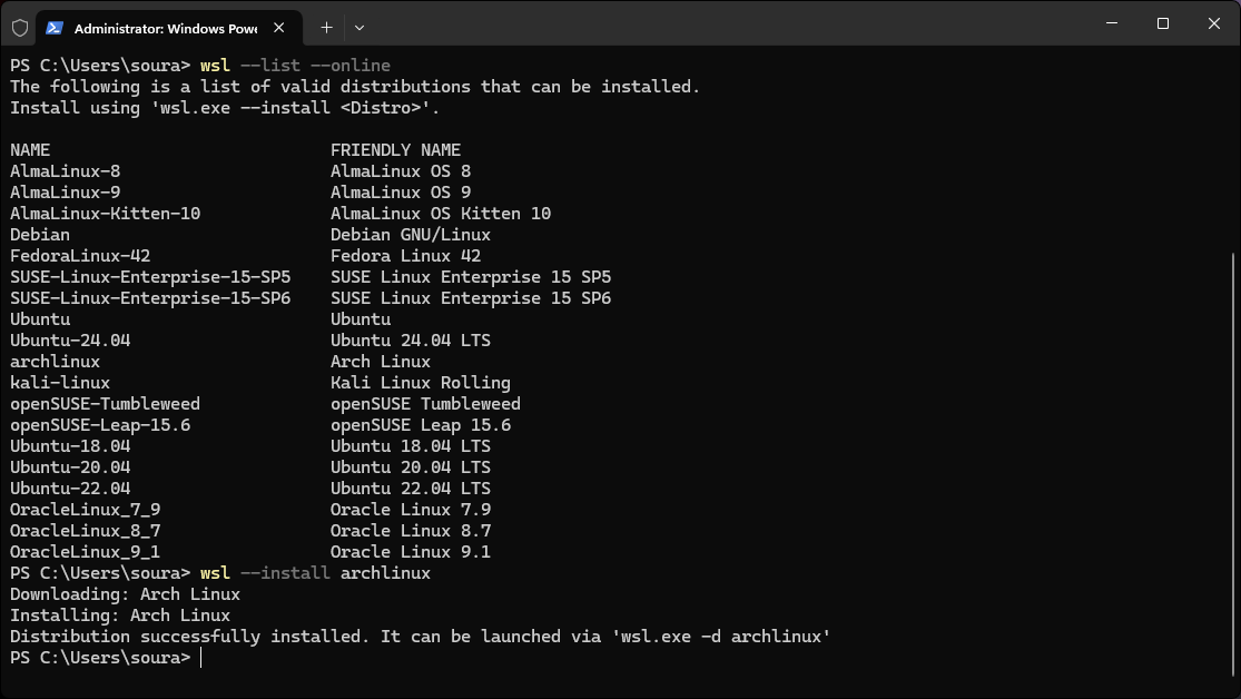 successfull installation of arch linux on wsl