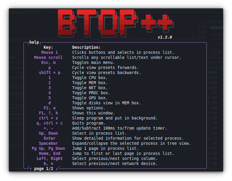 btop++ help screen
