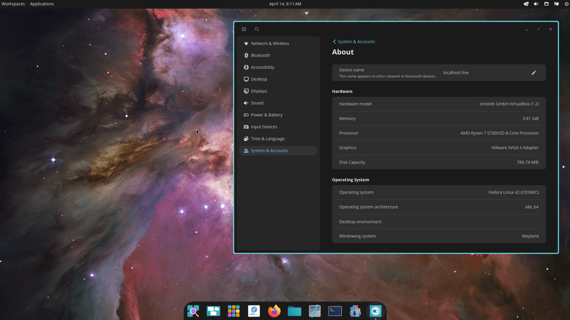 the about page open on fedora 42 cosmic spin