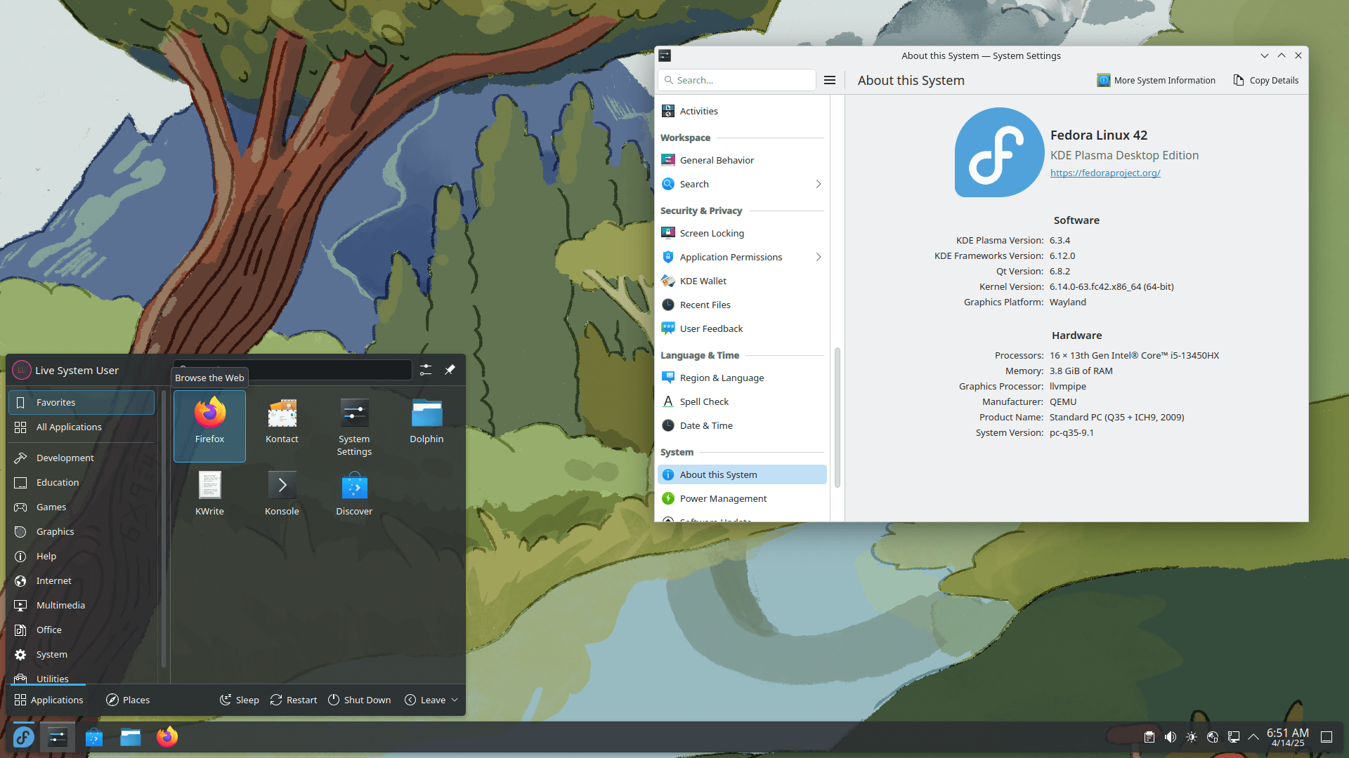 fedora 42 kde plasma edition with the application launcher and about this system page open