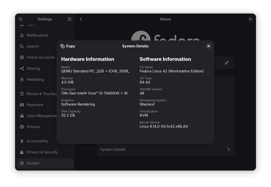 a screenshot that depicts the system details page on a fedora 42 workstation system with important hardware and software information being shown