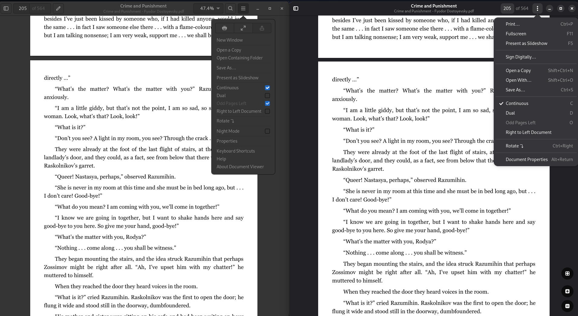 a side-by-side screenshot of both evince and papers with the same page of a pdf ebook open