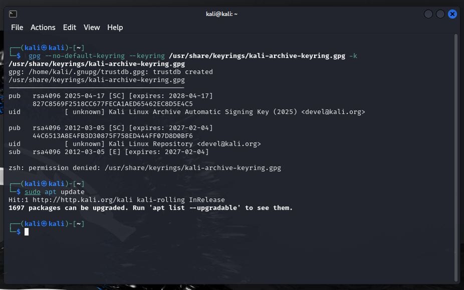 verifying the newly added signing key and running sudo apt update without errors on kali linux