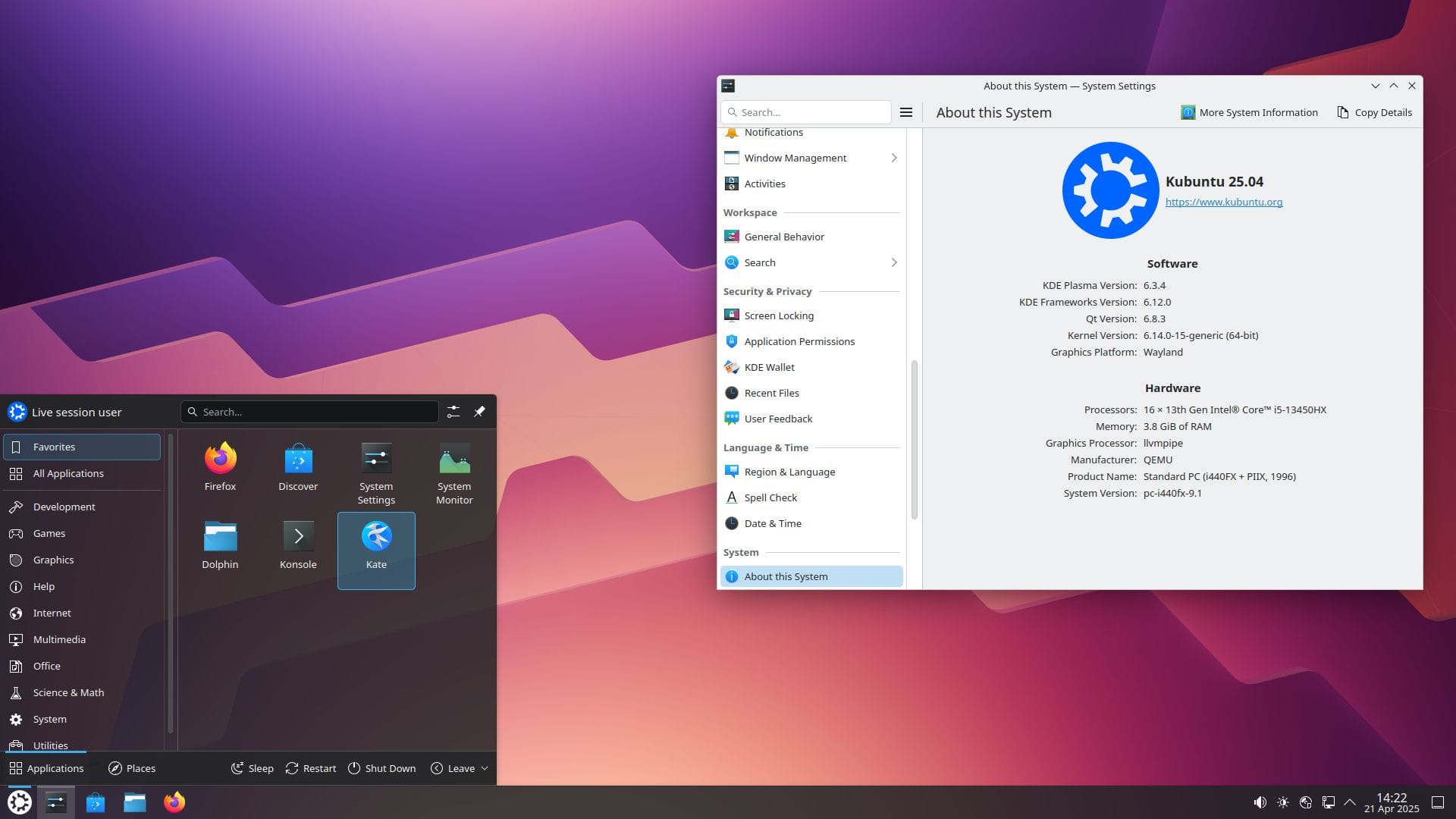 a screenshot of kubuntu 25.04 with the application launcher and the about this system page in the settings page open