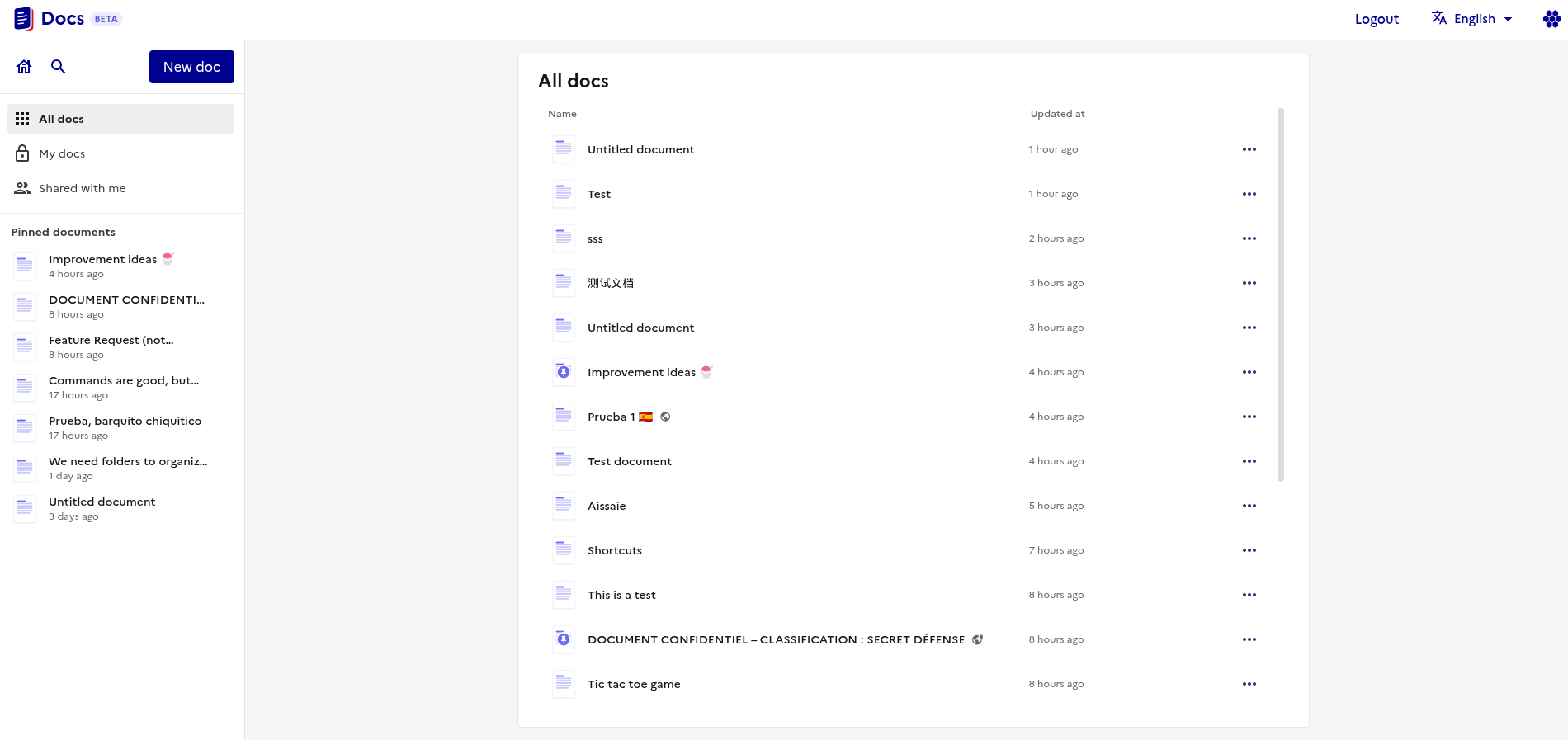 the user interface of docs on a demo instance hosted on a server, showing many documents in a list