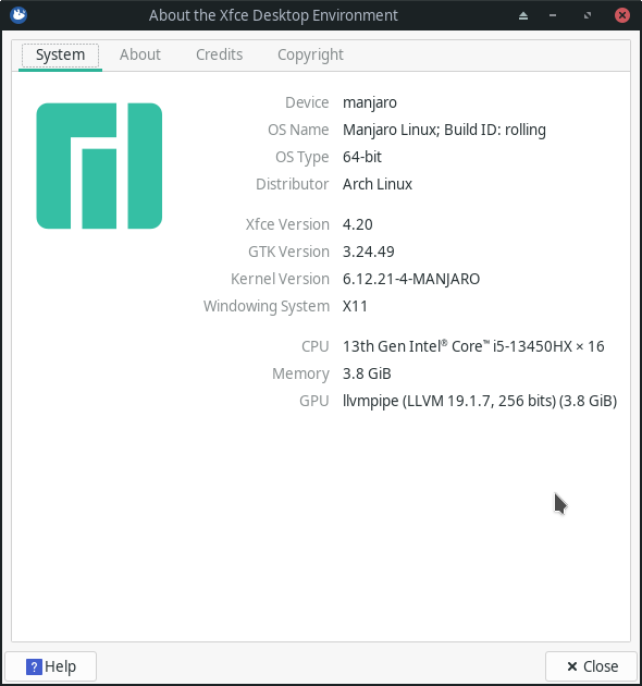 a screenshot of the about xfce dialog on manjaro 25.0 xfce