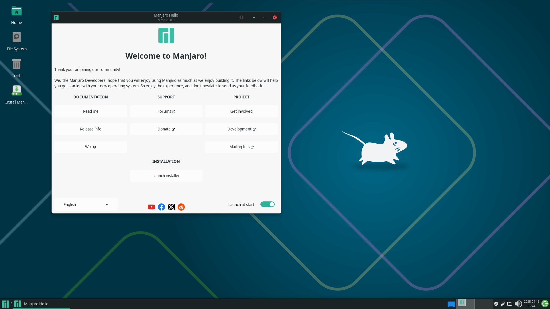 manjaro hello open on a manjaro 25.0 system with an xfce wallpaper in the background