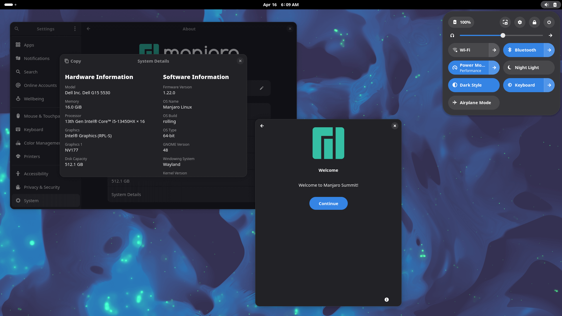 a manjaro summit alpha build with the welcome app, the system details dialog, and the quick settings dialog open on a gnome 48 setup