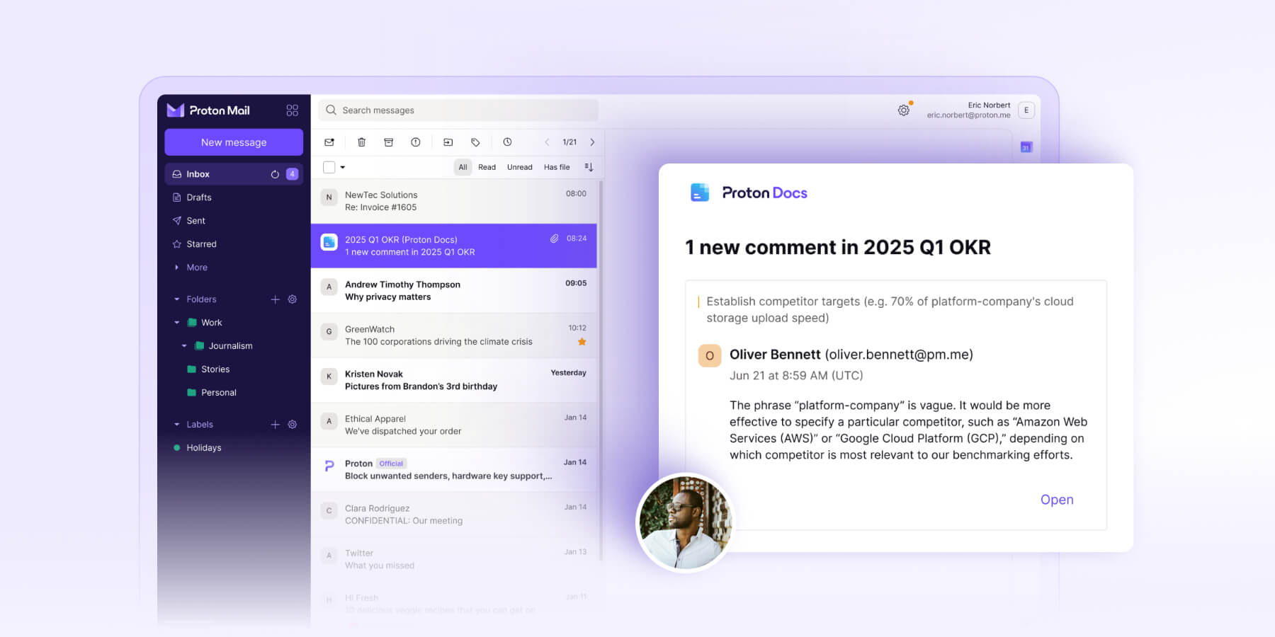 an illustration with a screenshot of the new email notifications feature for proton docs