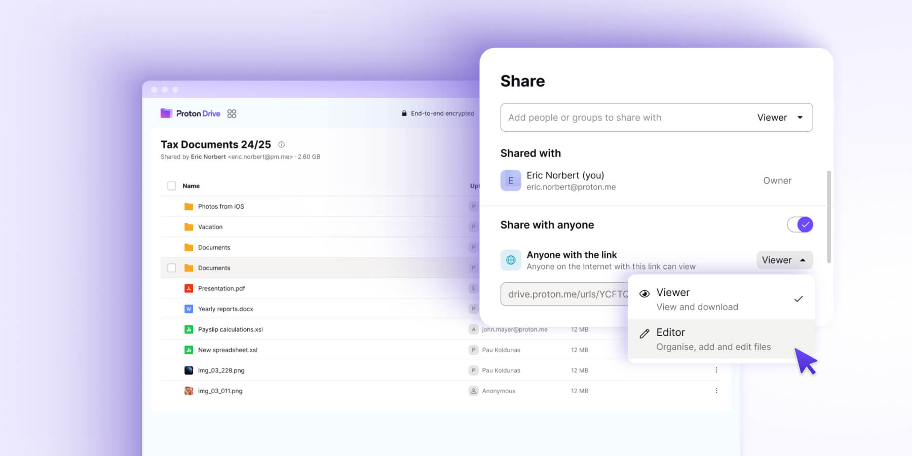an illustration with a screenshot of the shareable links feature on proton drive