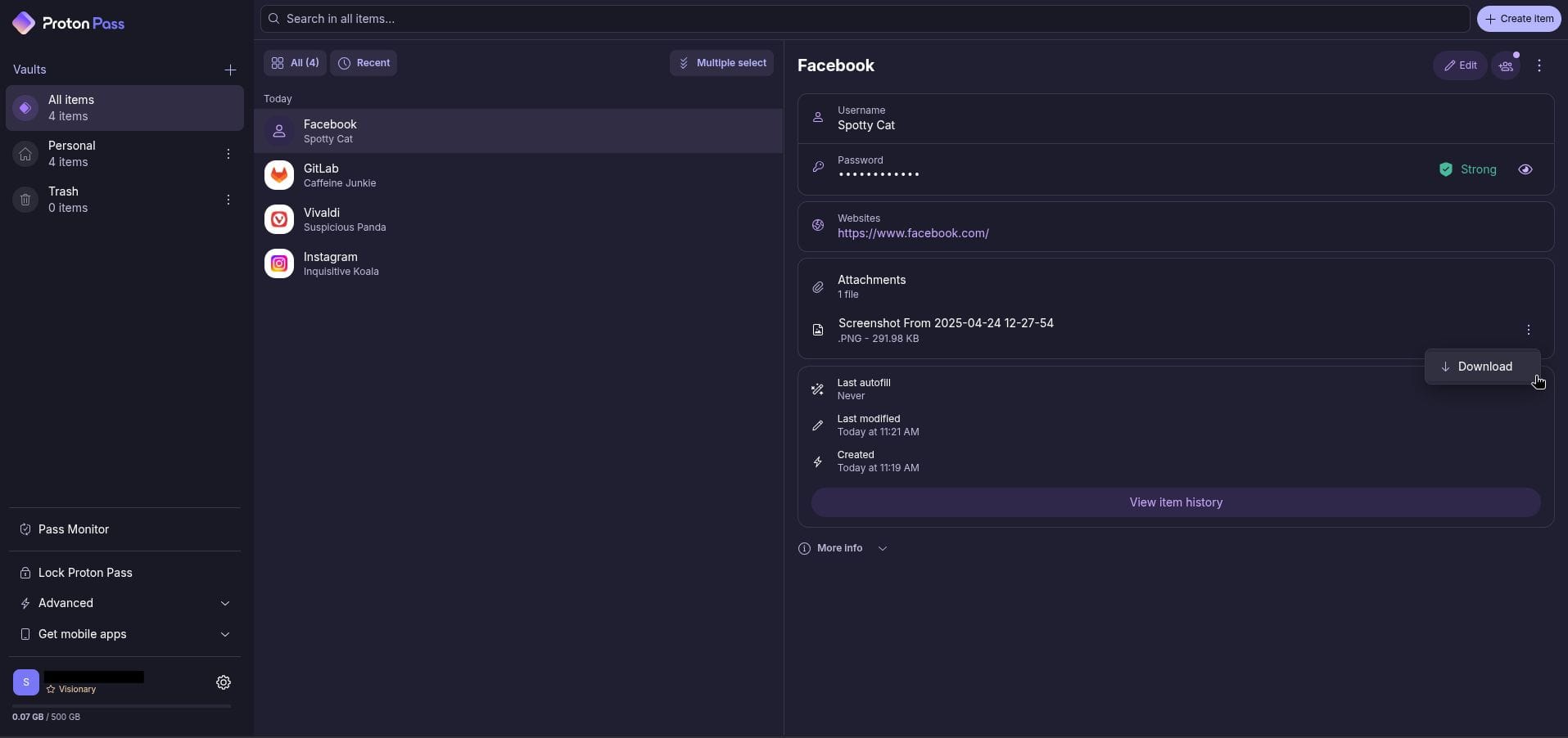 a screenshot of proton pass web with a password entry for facebook open, showing the new file attachment feature