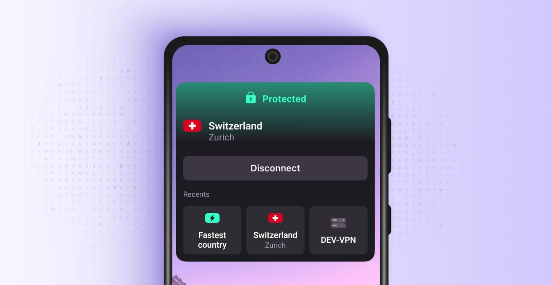 the new proton vpn widget for android and ios being showcased against a light purple and white background