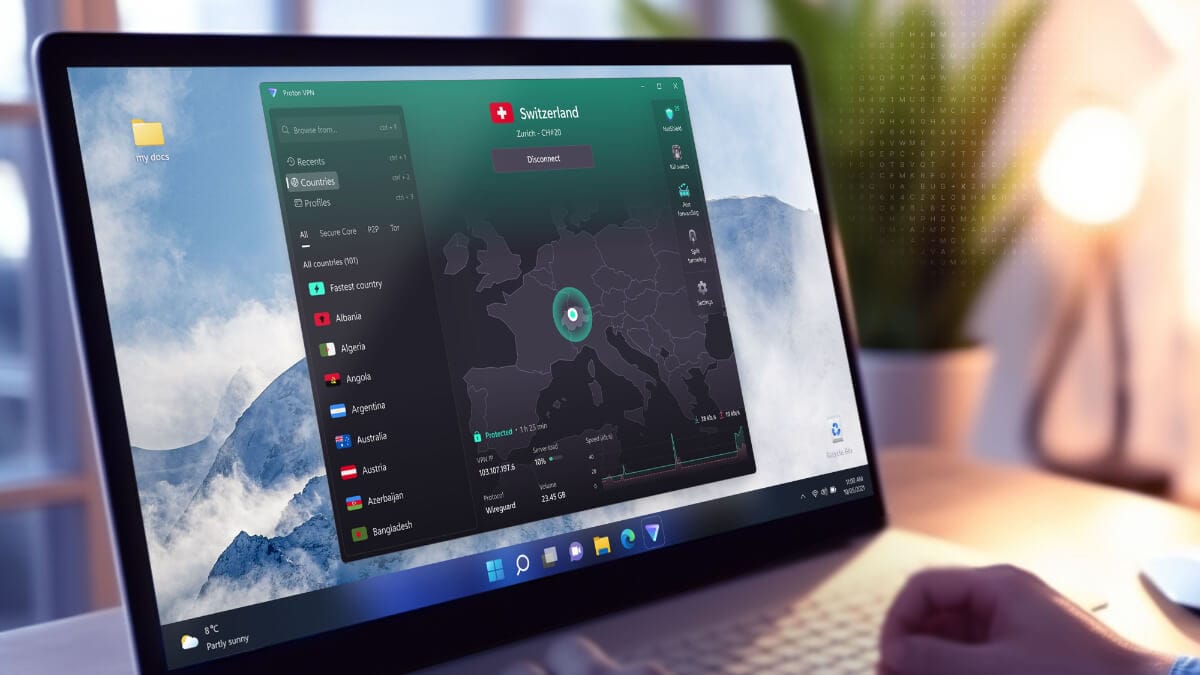 a photo that shows a windows 11 laptop running the redesigned proton vpn app