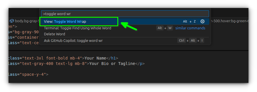 command palette to toggle word wrap