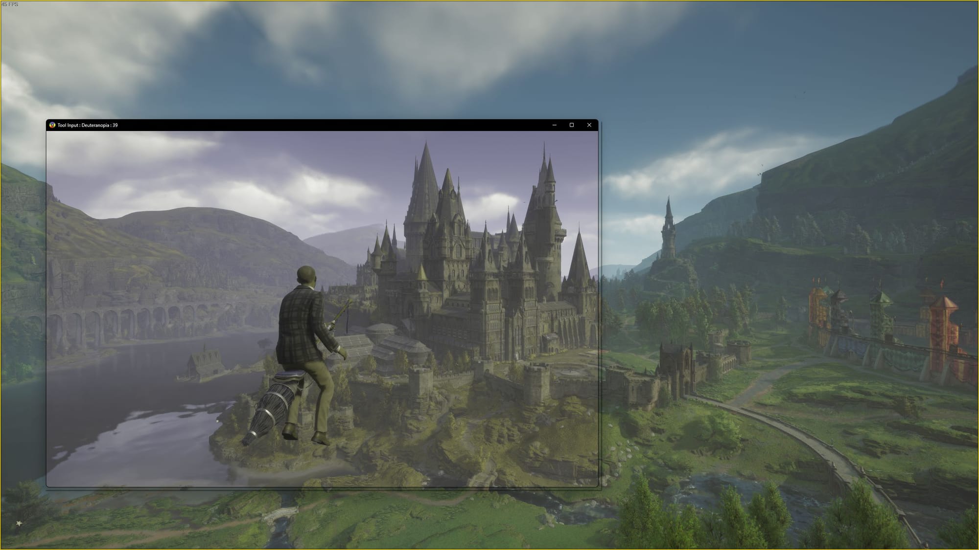 chroma running on a windows machine with the deuteranopia filter applied for hogwarts legacy, the scene has a lot of greenery, mountains, and the hogwarts campus