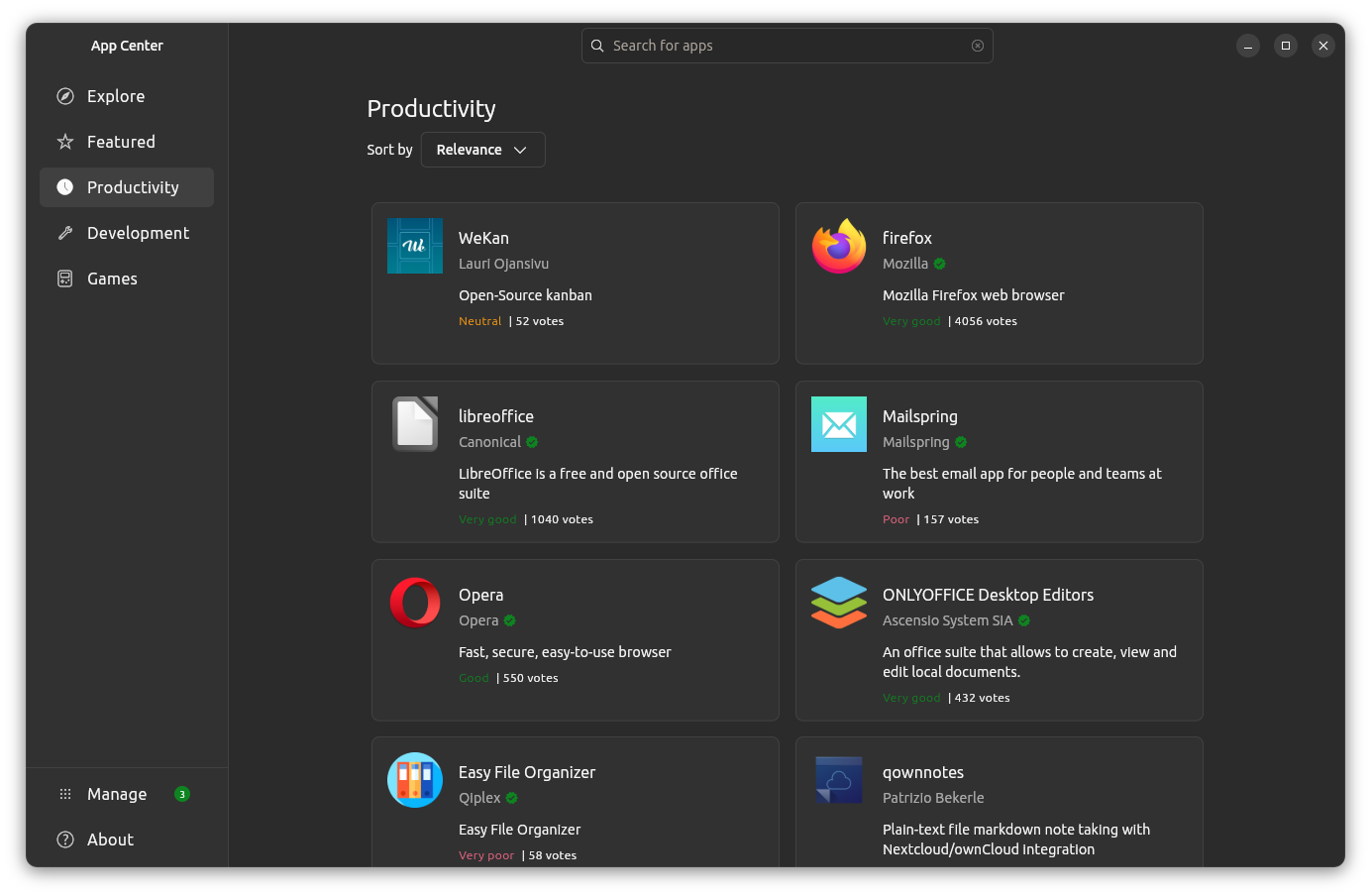ubuntu 25.04 app center productivity category with many apps like firefox, libreoffice, opera, onlyoffice, etc. being shown